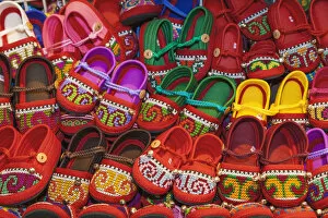Images Dated 17th February 2016: Thailand, Bangkok, Chatuchak Market, Shop Display of Ethnic Childrens Shoes
