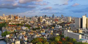 Thailand, Bangkok, Panoramic Overview of city skyline at sunset