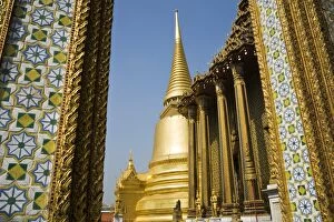 Thailand, Bangkok. Temple architecture at Wat Phra Kaew (Temple of the Emerald Buddha)