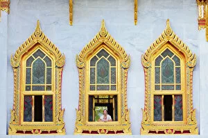 Images Dated 24th January 2012: Thailand, bangkok, Wat Benchamabophit, Marble temple, Woman looking through window MR