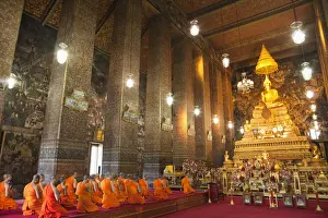 Wat Po Prints: Thailand, Bangkok, Wat Pho, Monks Preying in the Main Chapel