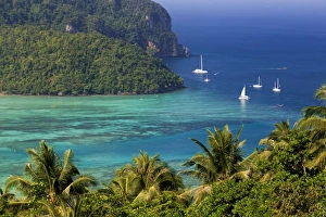 Thailand, Krabi Province, Ko Phi Phi Don Island, View of Ao Ton Sai and Ao Lo Dalam