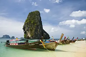 Coast Line Prints: Thailand, Krabi, Railay. Longtail boats at Hat Phra Nang (Phra Nang Beach) with Happy Island in the background