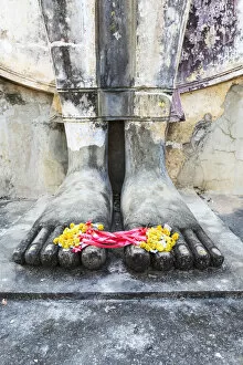 Images Dated 24th June 2014: Thailand, Sukhothai Historical Park. Detail of Buddha feet with floreal offering