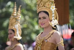 Dancing Collection: Thailand, Surin, Surin. Thai dancer in ornate costume during the Elephant Roundup festival