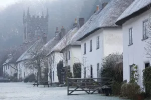 Cottages Prints: Thatched cottages at Milton Abbas in winter, Dorset, England
