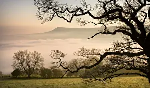 Powys Prints: A thick blanket of early morning mist covers the landscape below Mynydd Troed in
