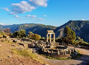 Tholos of Delphi, Temple of Athena Pronaia, sunset, Delphi, Phocis, Greece