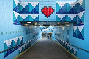 Ceiling Gallery: Thorildsplan metro station decorated with artwork on tiles inspired by pixels of