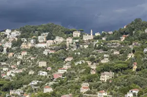 Thunderstorm on green hills of Camogli Gulf of Paradise Portofino National Park Genoa