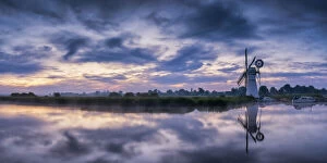 Thurne Mill & Clouds Reflecting in River Thurne, Norfolk Broads, Norfolk, England