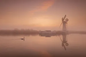 Orange Gallery: Thurne Mill Reflecting in River Thurne at Sunrise, Norfolk Broads National Park, Norfolk, England