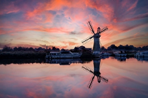 Orange Prints: Thurne Mill Reflecting in River Thurne at Sunrise