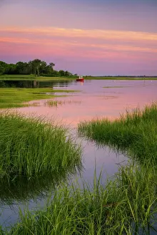 Estuary Prints: Tidal channel with little red boat at sunset, Cape Cod, Mill Creek, Massachustts, USA