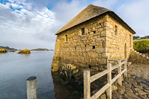 Northwestern France Prints: Tide mill on Bra hat island, Ca'tes-d Armor, Brittany, France