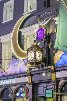 Illumination Gallery: Tiffany clock and christmas decorations, Old Bond street, London, England, UK