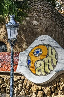 Images Dated 4th February 2021: Tiled Park Guell sign, Park Guell, Barcelona, Catalonia, Spain