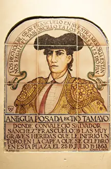 Bullfighter Prints: A tilework depicting a famous bullfighter (torero) that was hurt by a wild bull during