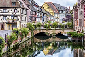 Timbered Buildings Reflecting in Canal, Colmer, Alsace, France