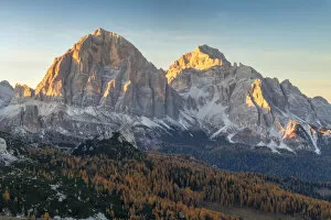 The Tofane mountains in the Dolomites (Italy) catching the last light of the day during an autumn sunset