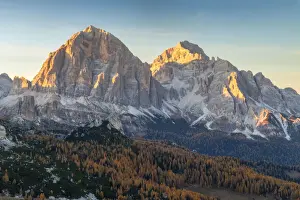 Time Of Day Prints: The Tofane mountains in the Dolomites (Italy) catching the last light of the day during an autumn sunset
