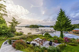 Tofino harbour at sunset, eco lodge view and Clayoquot Sound in background
