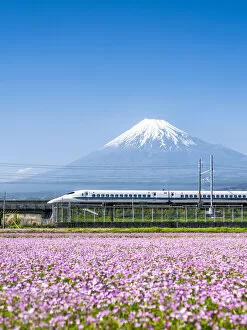 Images Dated 8th March 2017: Tokaido Shinkansen bullet train passing by Mount Fuji, Yoshiwara, Shizuoka prefecture