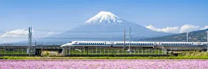 Tokaido Shinkansen bullet train passing by Mount Fuji, Yoshiwara, Shizuoka prefecture