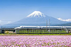 Train Prints: Tokaido Shinkansen bullet train passing by Mount Fuji, Yoshiwara, Shizuoka prefecture