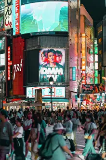 Shopping Prints: Tokyo Shibuya crossing in summer night with crowd under illuminated signs