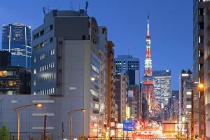 Business District Prints: Tokyo Tower and skyscrapers of Minato at dusk, Tokyo, Japan