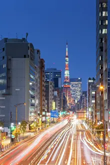 Traffic Prints: Tokyo Tower and skyscrapers of Minato at dusk, Tokyo, Japan