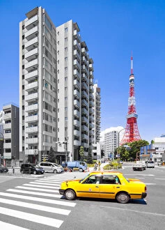 Images Dated 8th March 2017: Tokyo Tower and yellow taxi, Minato, Tokyo, Japan
