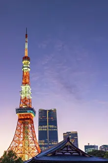 Religious Architecture Prints: Tokyo Tower and Zojo-ji Temple at sunset, Tokyo, Japan