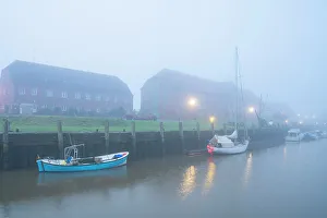 Eiderstedt Peninsula Prints: Tonning harbor and Packhaus on misty morning
