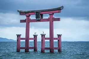Shiga Prefecture Prints: Torii of Shirahige Shrine with birds on a cloudy day, Japan, Takashima, Shiga