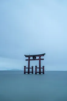 Shiga Prefecture Prints: Torii of Shirahige Shrine with birds on a cloudy day, Japan, Takashima, Shiga