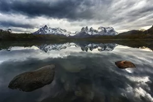 Torres Del Paine National Park Gallery: Torres del Paine mountain range during a cloudy sunrise, Patagonia, Chile