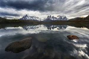 Torres Del Paine National Park Gallery: Torres del Paine mountain range during a cloudy sunrise, Patagonia, Chile