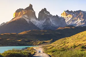 Unpaved Road Prints: Torres del Paine NP unpaved road with Cuernos del Paine in the background