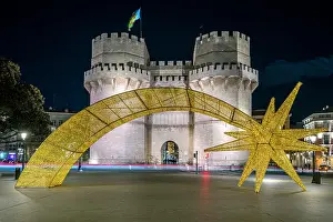 Torres de Serranos (Serranos Towers) and Christmas lights, Valencia, Valencian Community, Spain