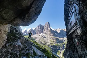 South Tirol Prints: Tosa peak and an hiker in silhouette along the pathway to Rifugio Pedrotti from Madonna di Campiglio