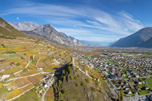 Rhone Valley Prints: Tour Bayart and the village of Saillon, Rhone Valley, Valais, Switzerland