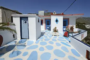 Rest Prints: Tourist with backpack resting on the Dachterrassei a Hotelsl in Komitades, Imbros Gorge