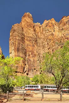 Images Dated 8th June 2021: Tourist bus at Temple of Sinawawa, Zion National Park, Colorado Plateau, Utah, USA