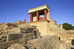 Frescos Prints: Tourist At North Entrance With A Charging Bull And Olive Tree Fresco, The Minoan Palace