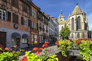 Haut Rhin Prints: Tourist train at St. Martin Cathedral (Collegiate Saint-Martin), Colmar, Alsace