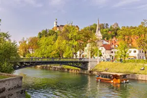 Architectures Prints: Touristic boat on Ljubljanica river near Hradecky Bridge