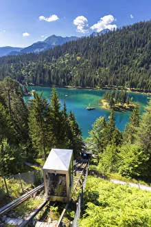 Flims Prints: Touristic funicular above the Caumasee, Flims, District of Imboden, Canton of Grisons
