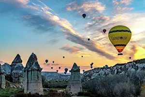 Balloon Prints: Tourists on hot air balloons above fairy chimneys